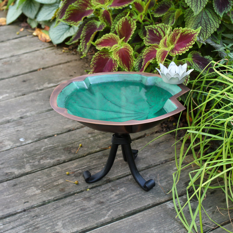 15" Green and Copper Metal Lily Pad Birdbath with Iron Stand