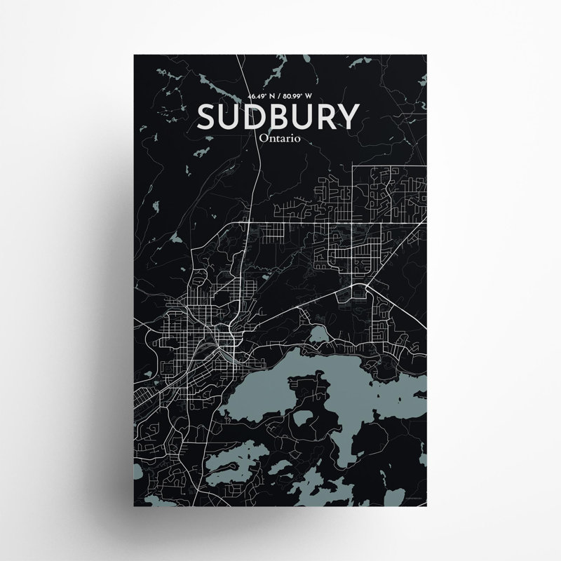 Sudbury City Map, impression, H 17 po x l 11 po, Gris / noir