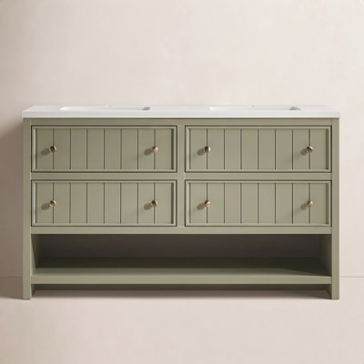 Rennes 60" Vintage Olive Plywood Bathroom Vanity With Engineered Quartz Top