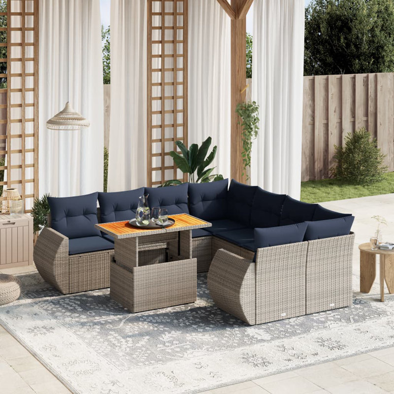  Ensemble de canapé de patio 9 pièces avec coussins en rotin de polyester, Gris, Bleu
