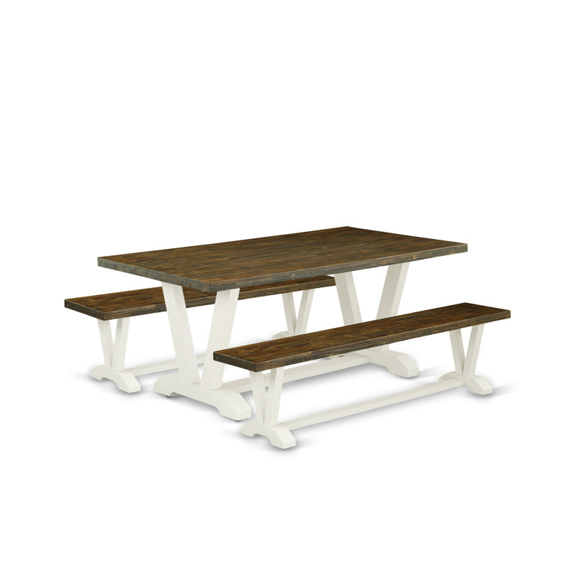 L'ensemble de table de salle à manger 3 pièces contient une petite table de cuisine et 2 bancs de table - plateau de table jacobien vieilli et lin brossé blanc