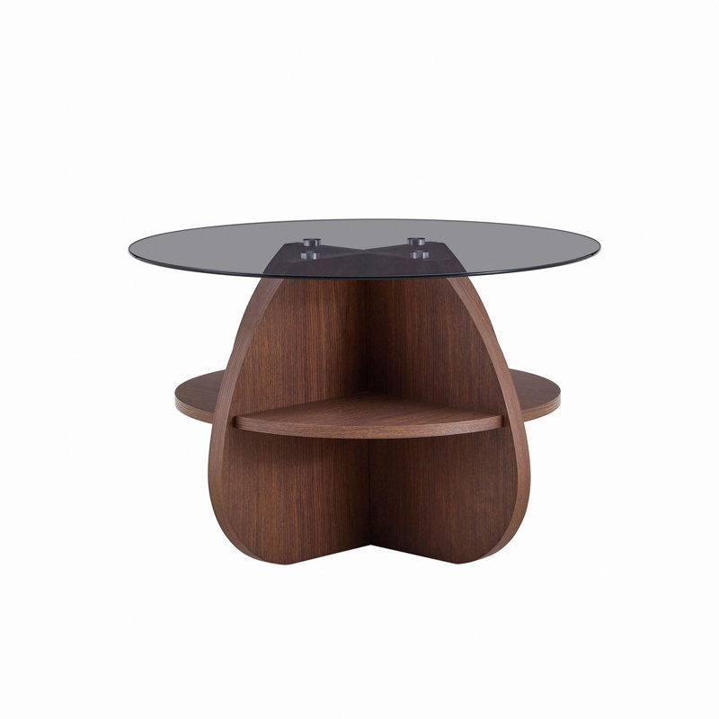Table basse à structure croisée Creative avec plateau en verre trempé gris et rangement en forme d'éventail de couleur noyer. Parfait pour les salons, comme table basse ou table d'appoint. Idéal pour les petits espaces.