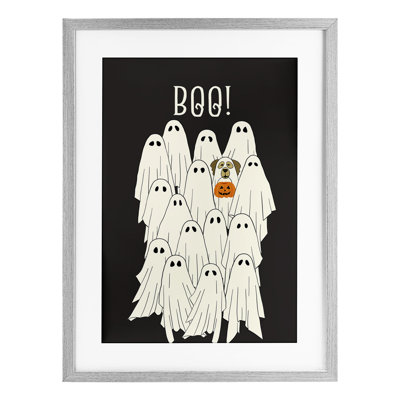 «Boo Ghost with Dog», reproduction encadrée sous verre, conception de JJ Design House LLC