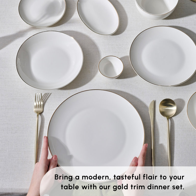 Karaca Marcelo 88-Piece New Generation Bone China Dinner Set for 12 People, Gold/White