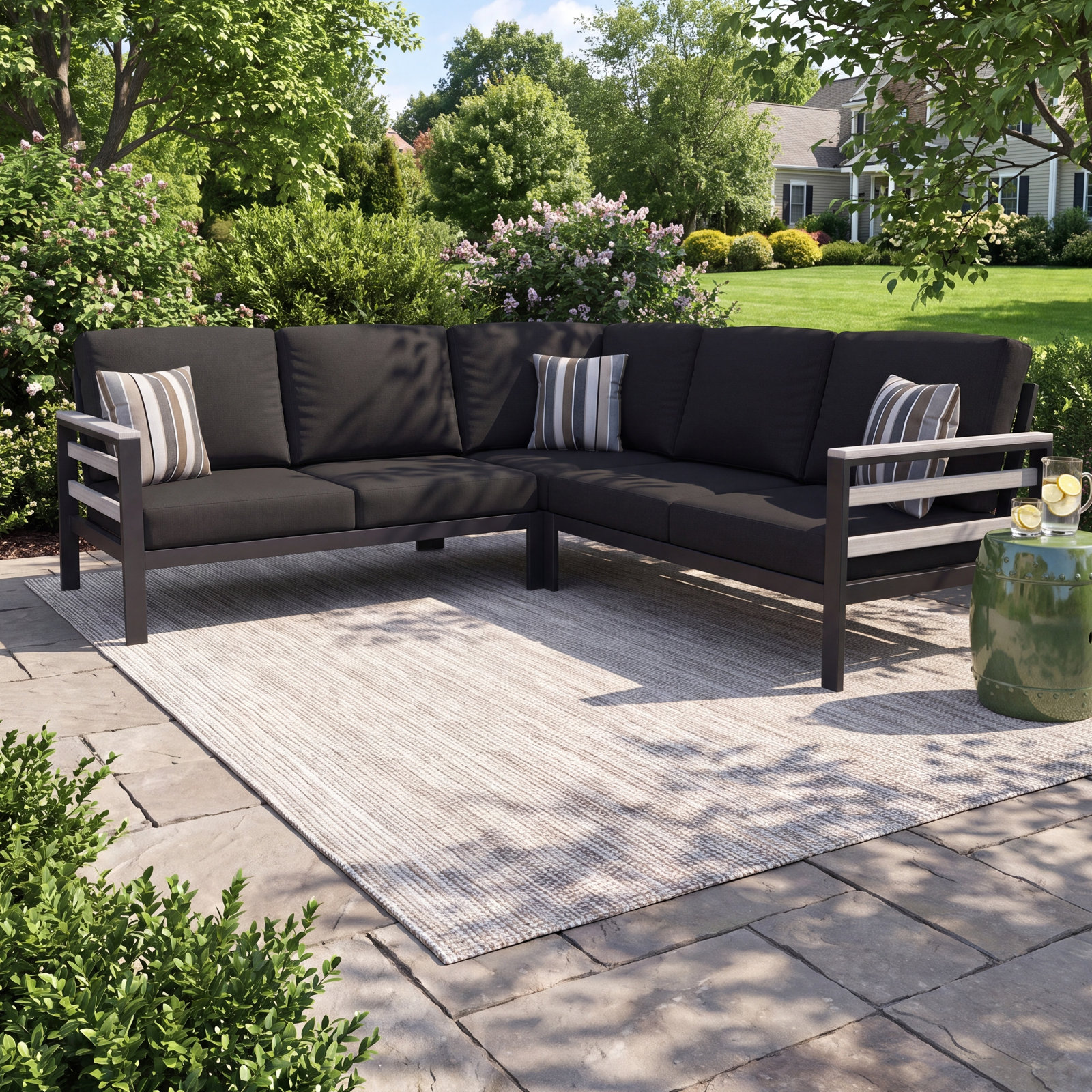 Townsend 87" Sunbrella® Patio Sofa, Strip, Canvas Black Sunbrella® Canvas