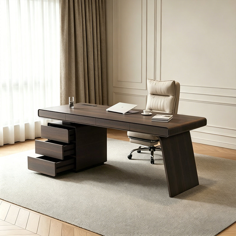 Bureau double caisson rectangulaire en bois massif avec tiroirs