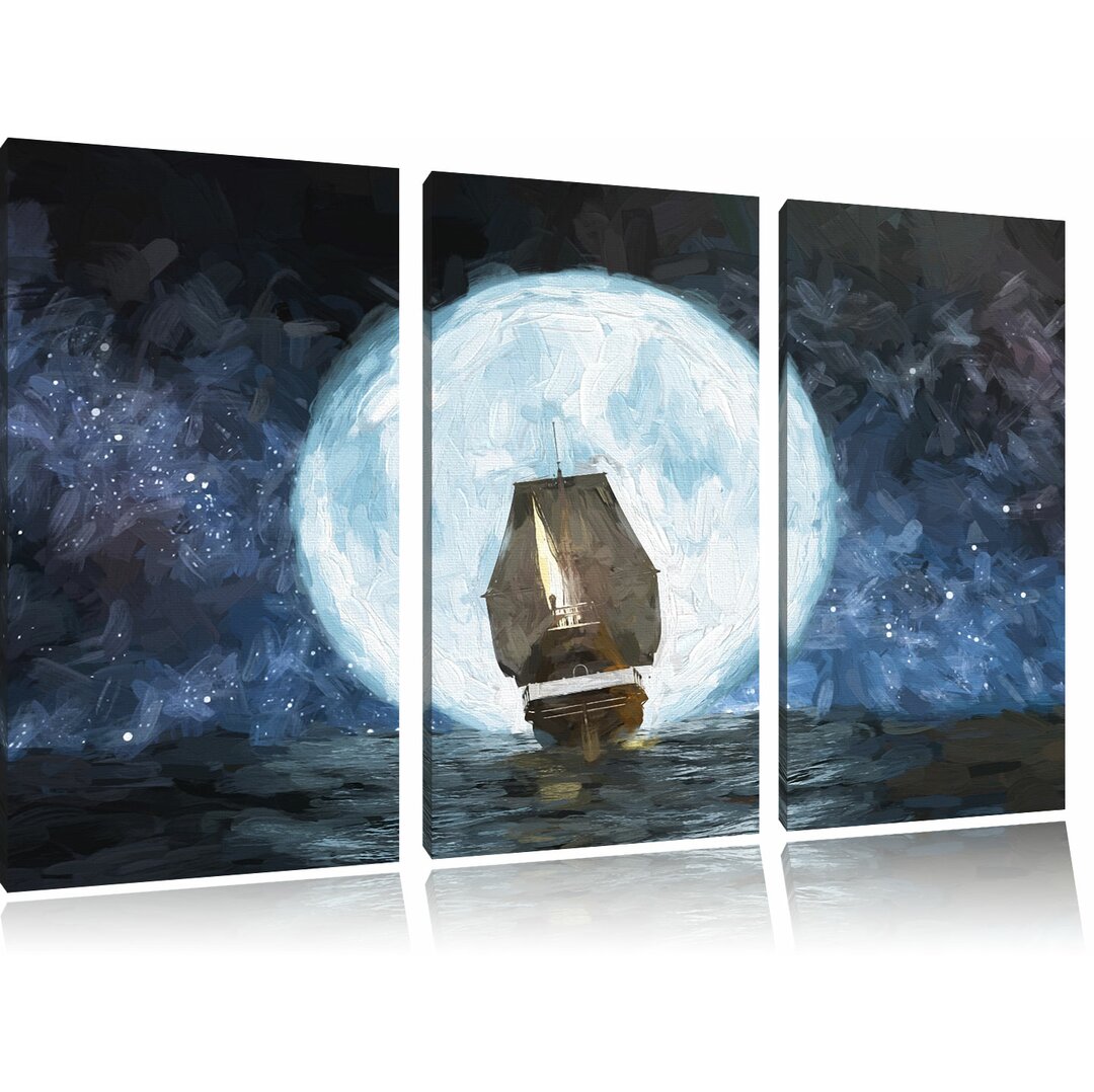 3-tlg. Leinwandbilder-Set „Segelschiff bei Vollmond“, Grafikdruck