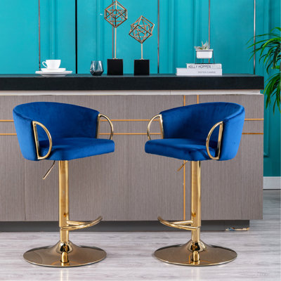 Ensemble de 2 tabourets de bar, avec repose-pieds chromé et base pivotante à hauteur réglable en velours + tabouret de bar simple Golden Leg