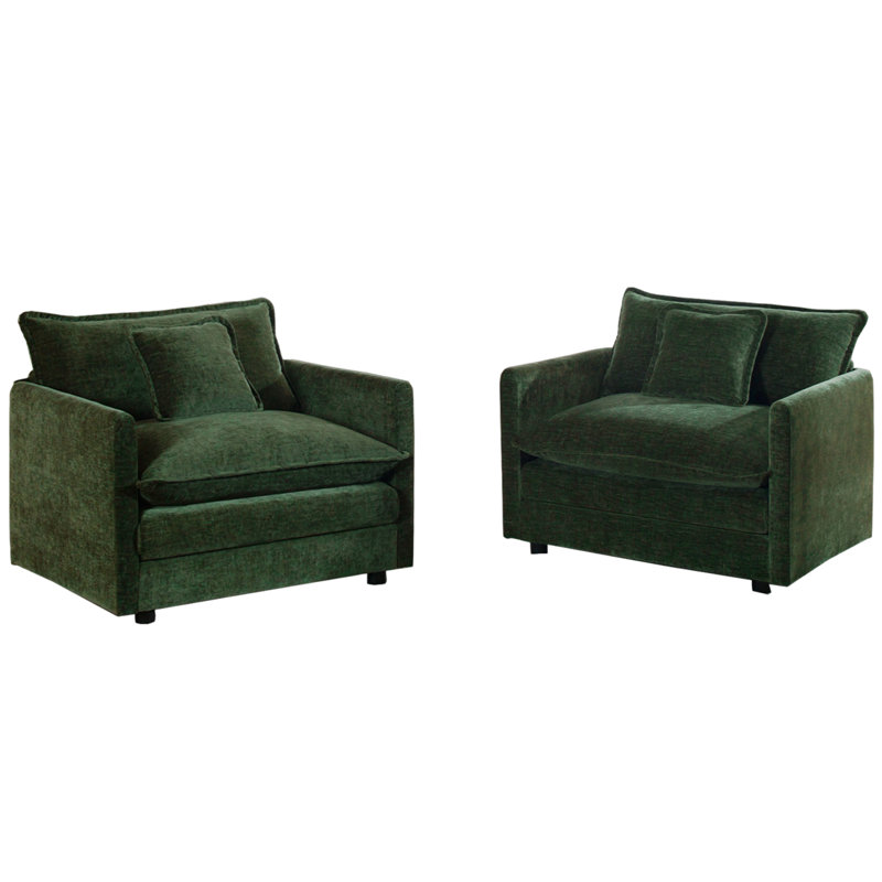 Ensemble de 2 fauteuils de salon rembourrés en chenille avec coussins décoratifs Chenille, Vert