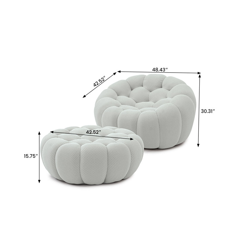 Cenie 48.43" Upholstered Club Accent Chair With Compression Ottoman, No Assembly Required, Light Gray Polyester Blend