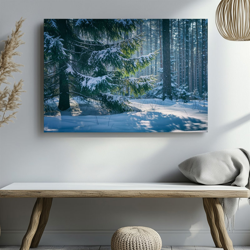 Toile, "Un arbre à feuilles persistantes majestueux" se tient en évidence dans un hiver serein, 9" H x 12" W