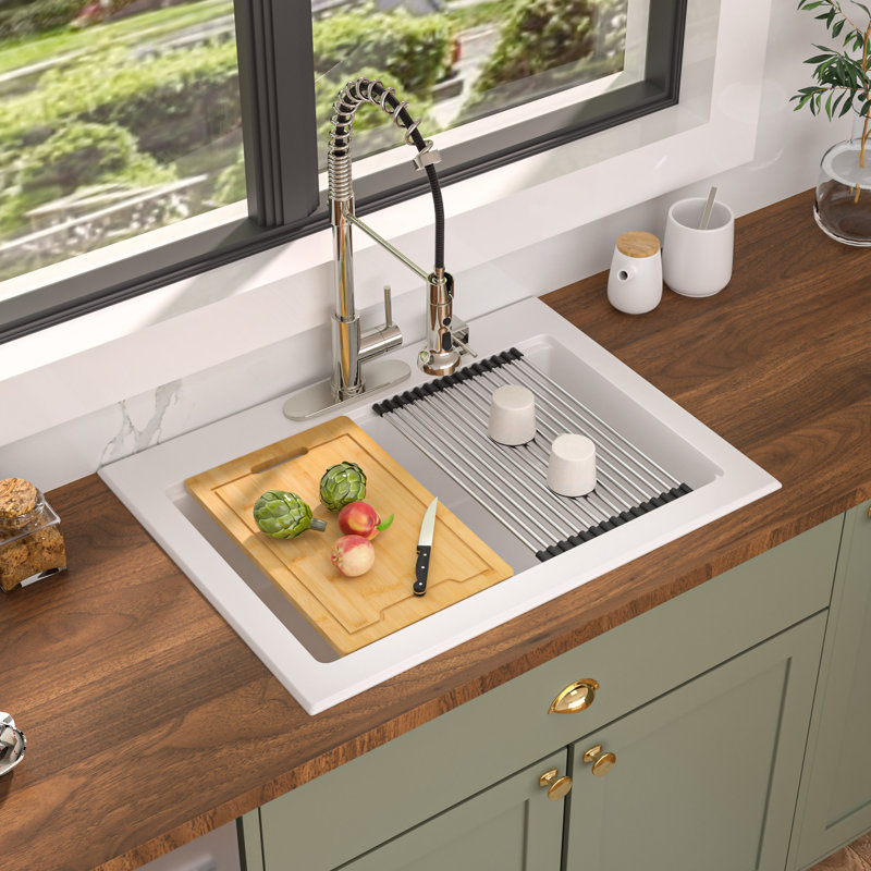 Quartz 30"L x 22"W Drop In Workstation Kitchen Sink Quartz Composite Stone Single Bowl Kitchen Sink with Two Faucet Holes