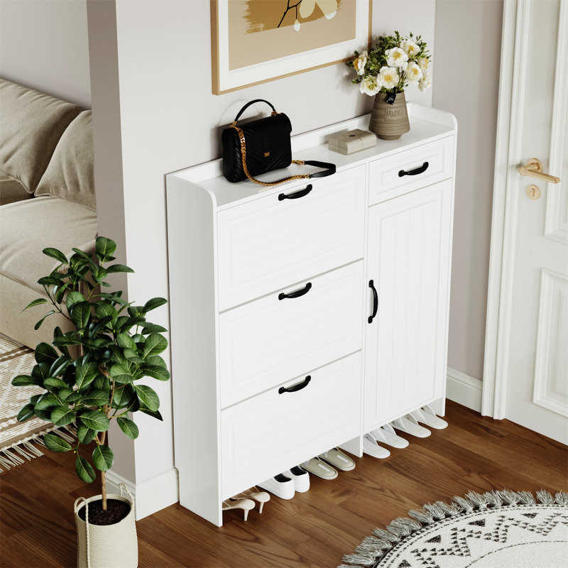 White Colour Shoe Cabinet  With 4 Doors 1 Drawers