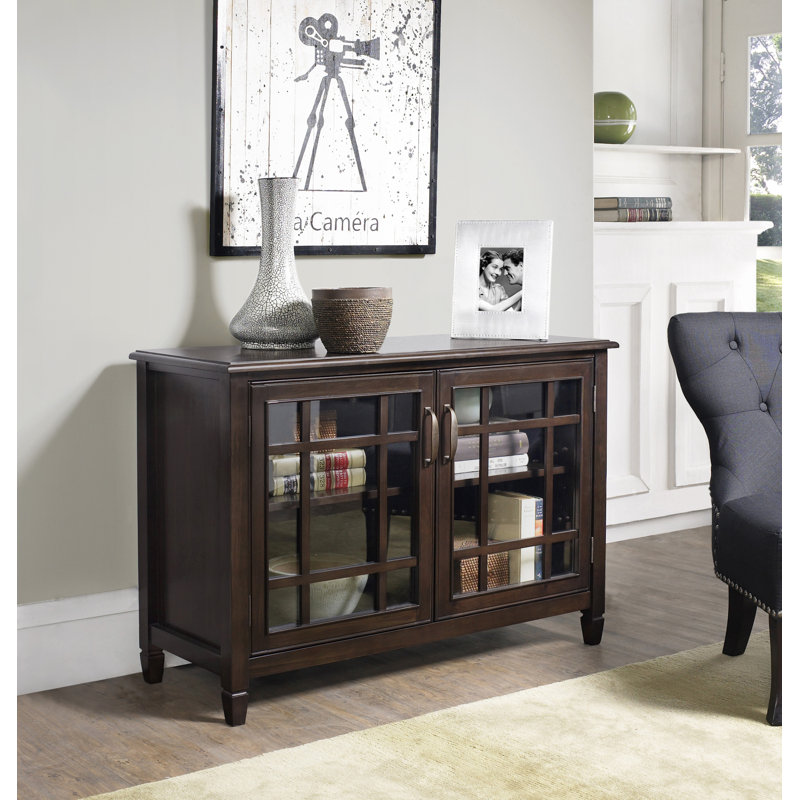 Connaught 46"W Solid Wood Traditional Low Storage Cabinet with Glass Doors and Adjustable Shelves, Dark Chestnut Brown