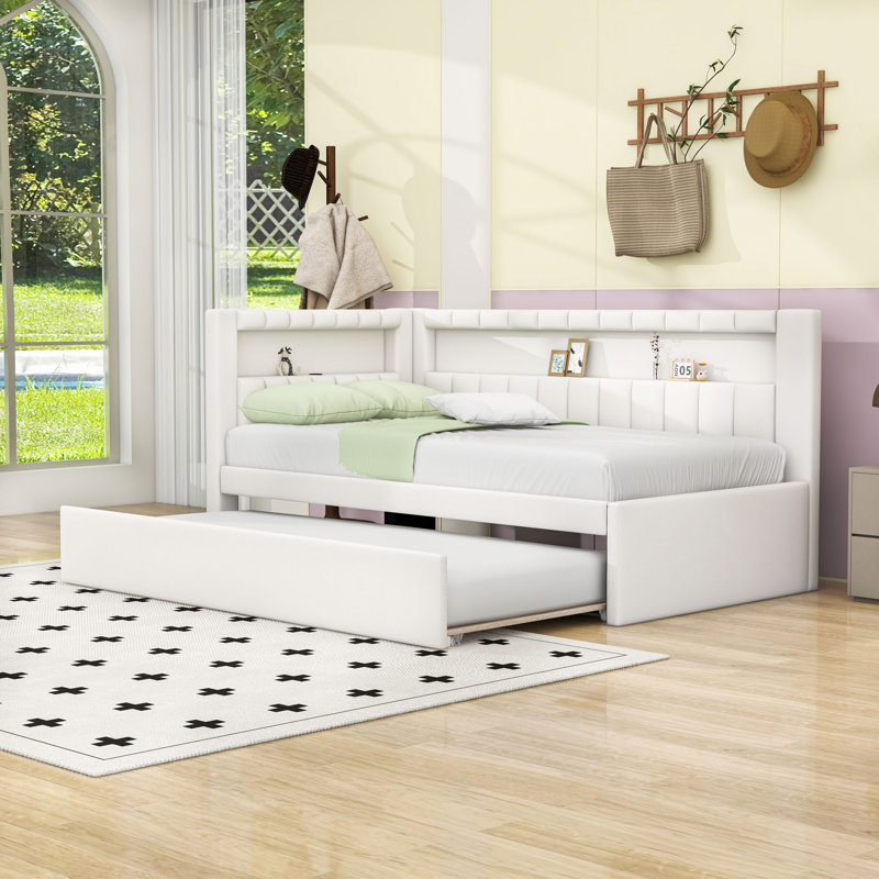 Twin Upholstered Daybed with Trundle and USB and LED Belt, White