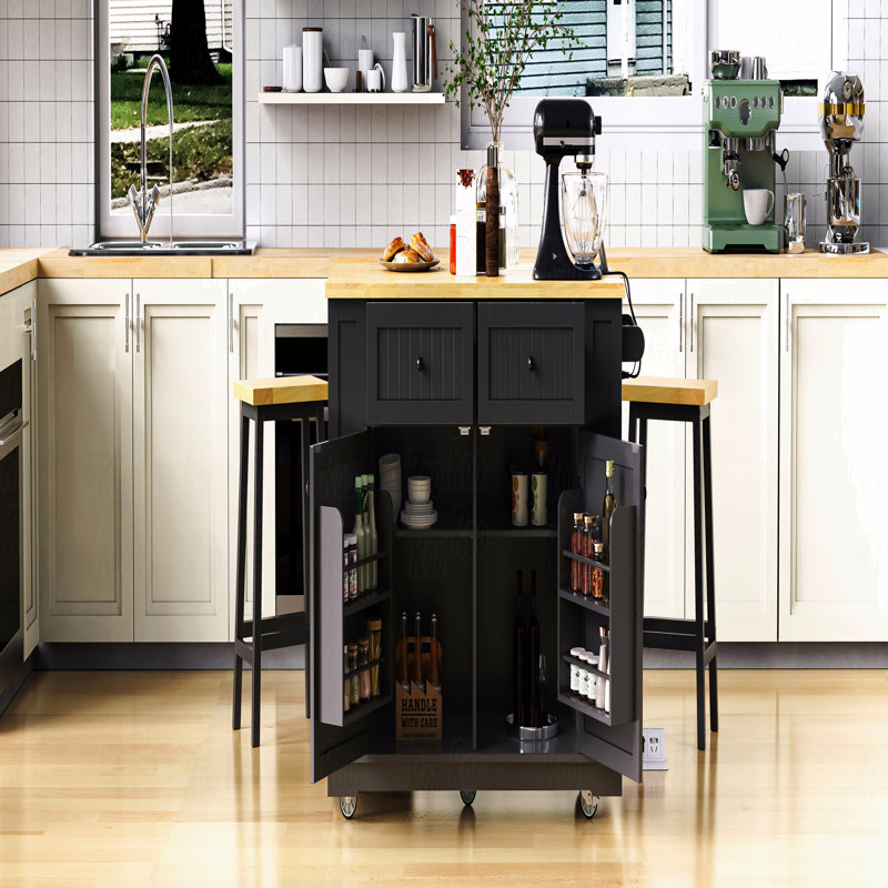 48 " Large Kitchen Island With Drop Leaf,Power Outlet,Internal Storage Rack,Rolling Kitchen Storage Cart On 5 Wheels With 5 Open Side Racks