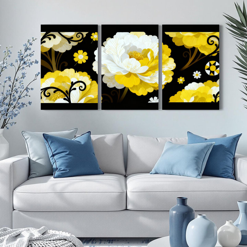 Toile tendue sur châssis à motif floral jaune et blanc, style abstrait moderne (paquet de 3), H 30 po x l 60 po