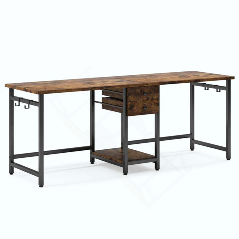 Bureau double, bureau d'ordinateur, bureau à deux places, table de jeu, Brun rustique / noir