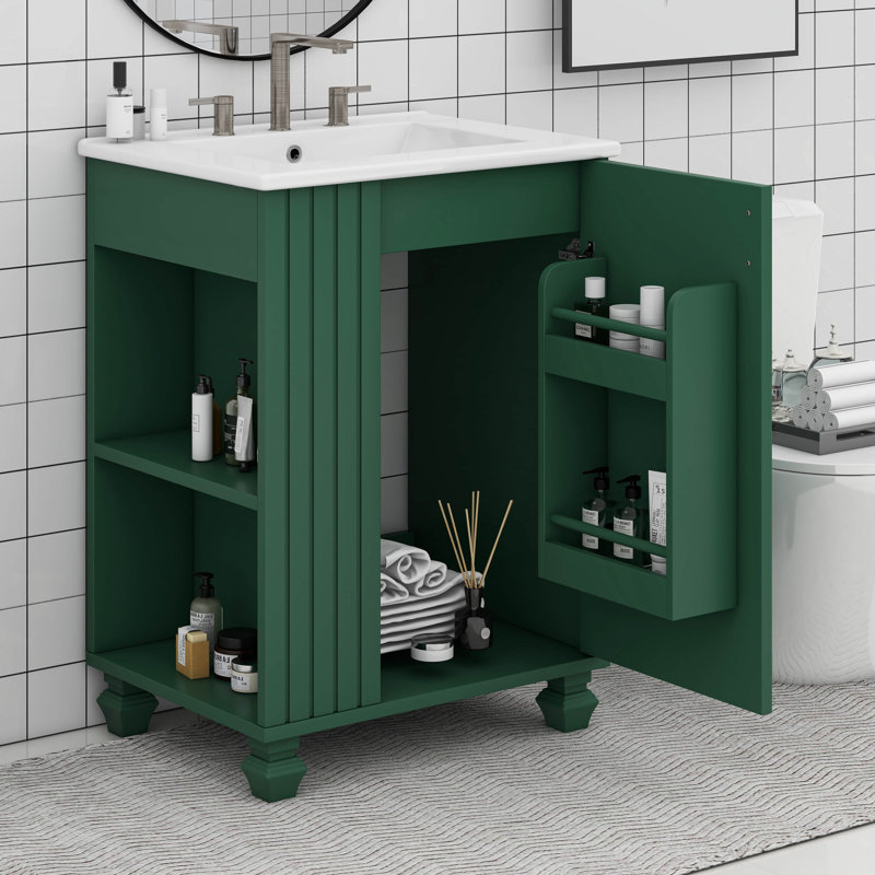 Meuble-lavabo 24 po avec lavabo en céramique, armoire de rangement multifonctionnelle avec porte et support latéral, Green
