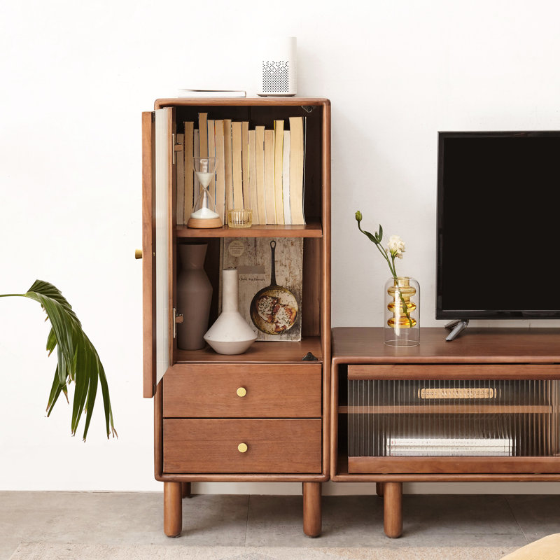 Armoire de rangement moderne couloir couleur café avec 2 tablettes, tiroirs, porte en verre rétro et tiroirs de rangement