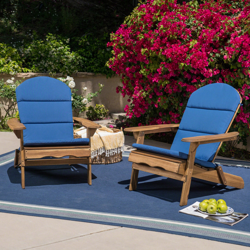 Laffey Acacia Foldable Outdoor Adirondack Set, Natural/Navy Blue