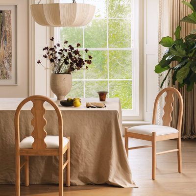 Ingram Farmhouse Rubberwood Dining Chairs with Upholstered Seat, Wavy Arch Backrest & Cylindrical Legs