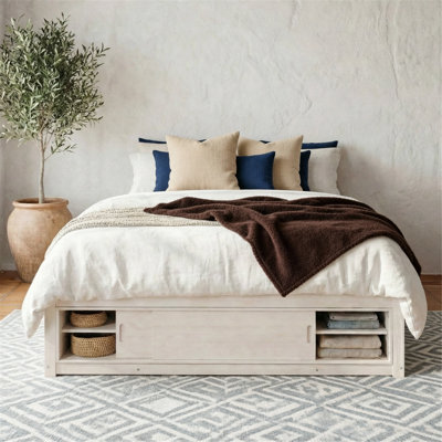 Platform Bed Frame With 4 Storage Drawers And Footboard Storage Cubby