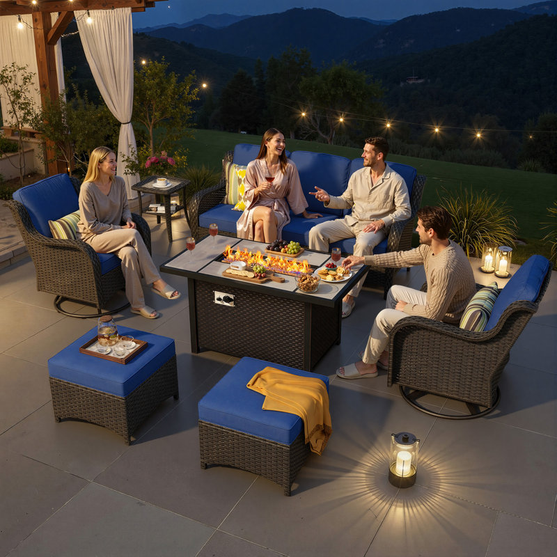 Patio Rattan Sofa Seating Group with Cushions, Brown Frame/Navy Blue Cushion, Yes