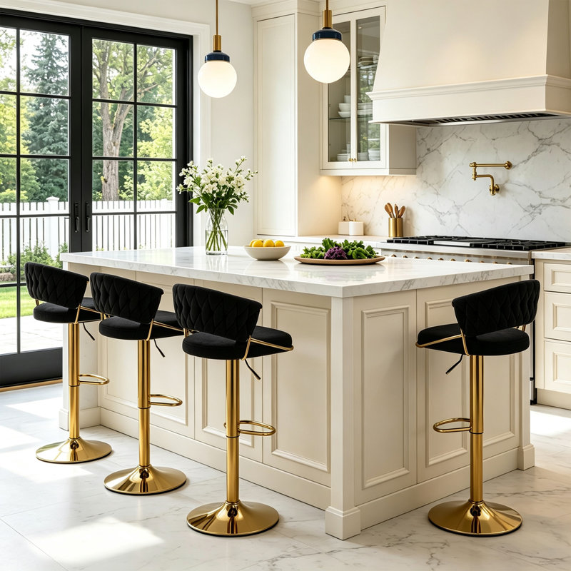 Christal Swivel Upholstered Adjustable Height Counter Stool, Black, Gold