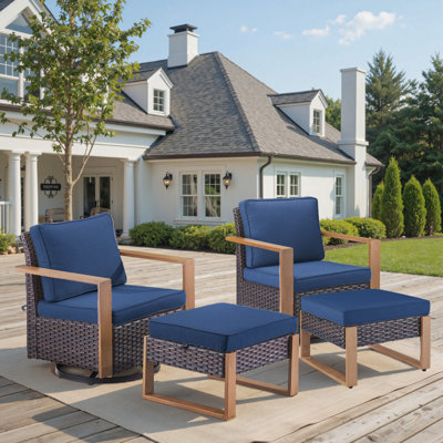 Ensemble de chaises d'extérieur en métal et osier avec 2 repose-pieds, fauteuils berçants à bascule 360 degrés, ensemble bistro de patio 4 pièces