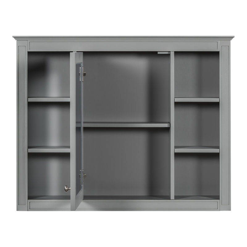 Armoire de salle de bain murale avec miroir, 35 po x 27,5 po, poignée rétro, nombreuses tablettes, gris et intérieur spacieux