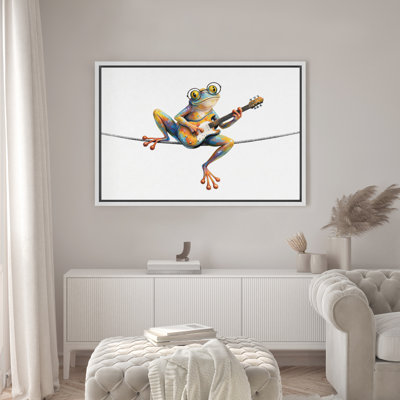 Colorful Frog Playing Guitar Whimsical Animal Music Decor Framed Canvas Master Bedroom Wall Art Work Print