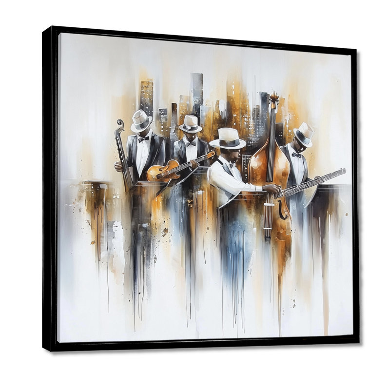 Abstrait Musiciens dans le studio III, H 36 po x l 36 po, Reproduction avec cadre flottant, Noir