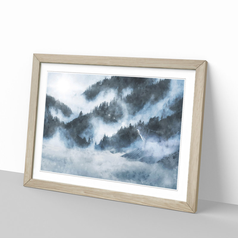 Grey Wolf in a Winter Forest - Picture Frame Graphic Art Print, Oak Framed, 45cm H x 63cm W x 2cm D