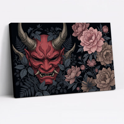 "Red Demon Mask" avec pivoines roses et feuilles, art mural sur toile