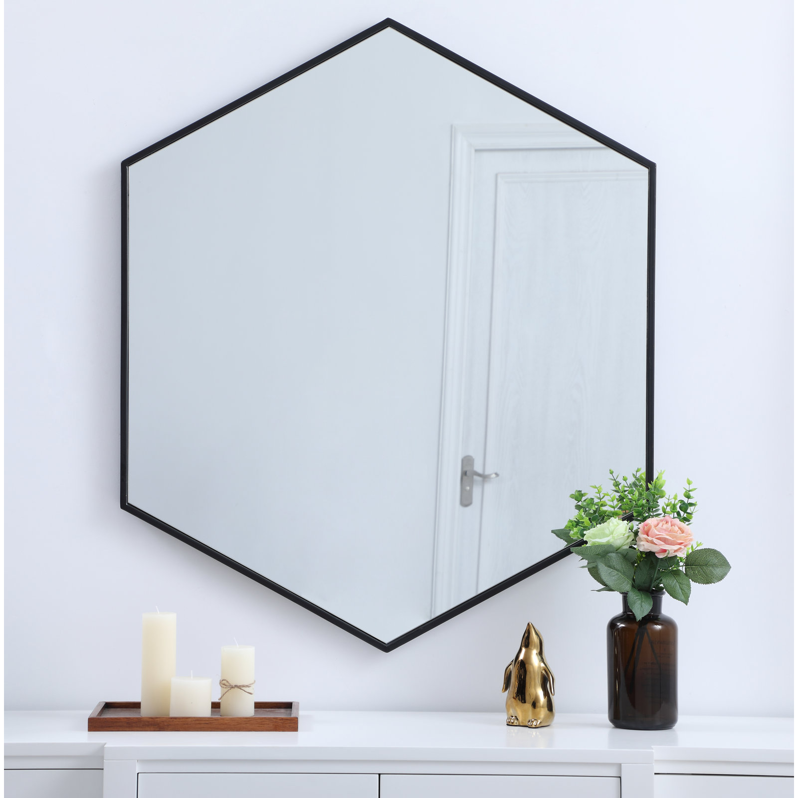 Sabine Metal Hexagon Wall Mirror, Black, 40" x 30"