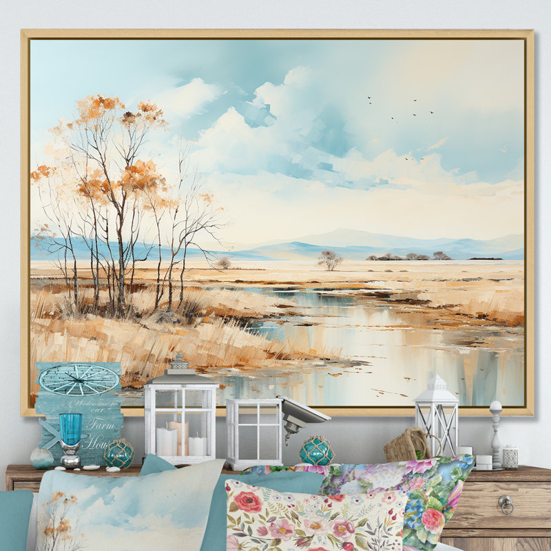 Beige Scerene Meadow Stream Harmony sur toile, H 12 po x l 20 po x P 1 po, Cadre naturel flottant