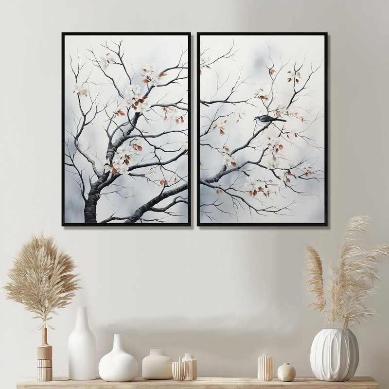 «Gray Floral Sprintime Tree Birds III», art mural moderne sur toile grise, Black, 36" H x 48" W