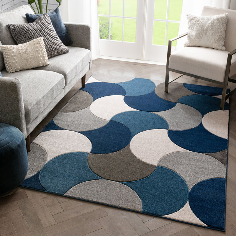 Tapis géométrique rectangulaire bleu en polypropylène tressé à la machine, Rectangle 3 pi 11 po x 5 pi 3 po