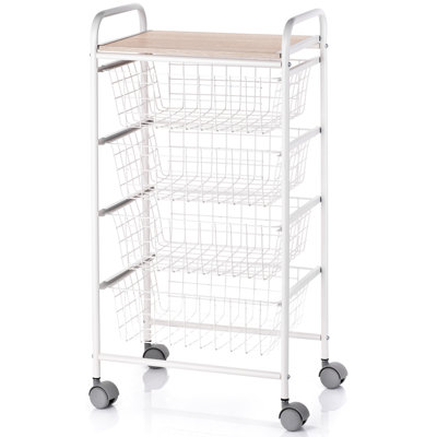 2-Tier Kitchen Cart with 4 Removable Baskets – White Frame & Ash Top - FIESTA