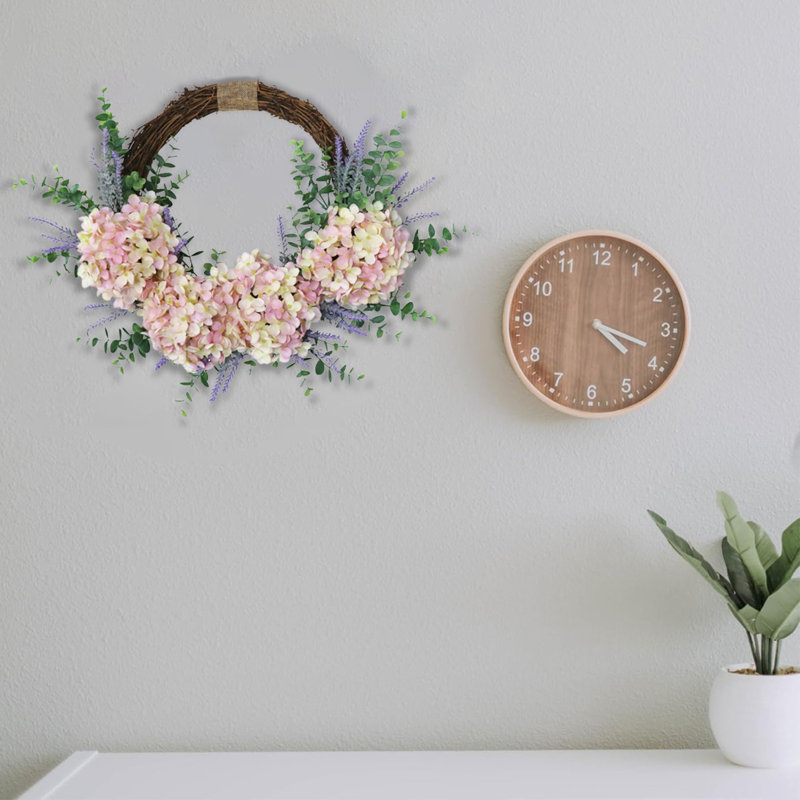 Couronne d'hortensia pour la porte d'entrée, hortensia rose en demi-cercle et lavande avec feuilles d'eucalyptus, base en rotin couronne de printemps été, couronne décorative pour décoation de fête de mariage intérieure et extérieure