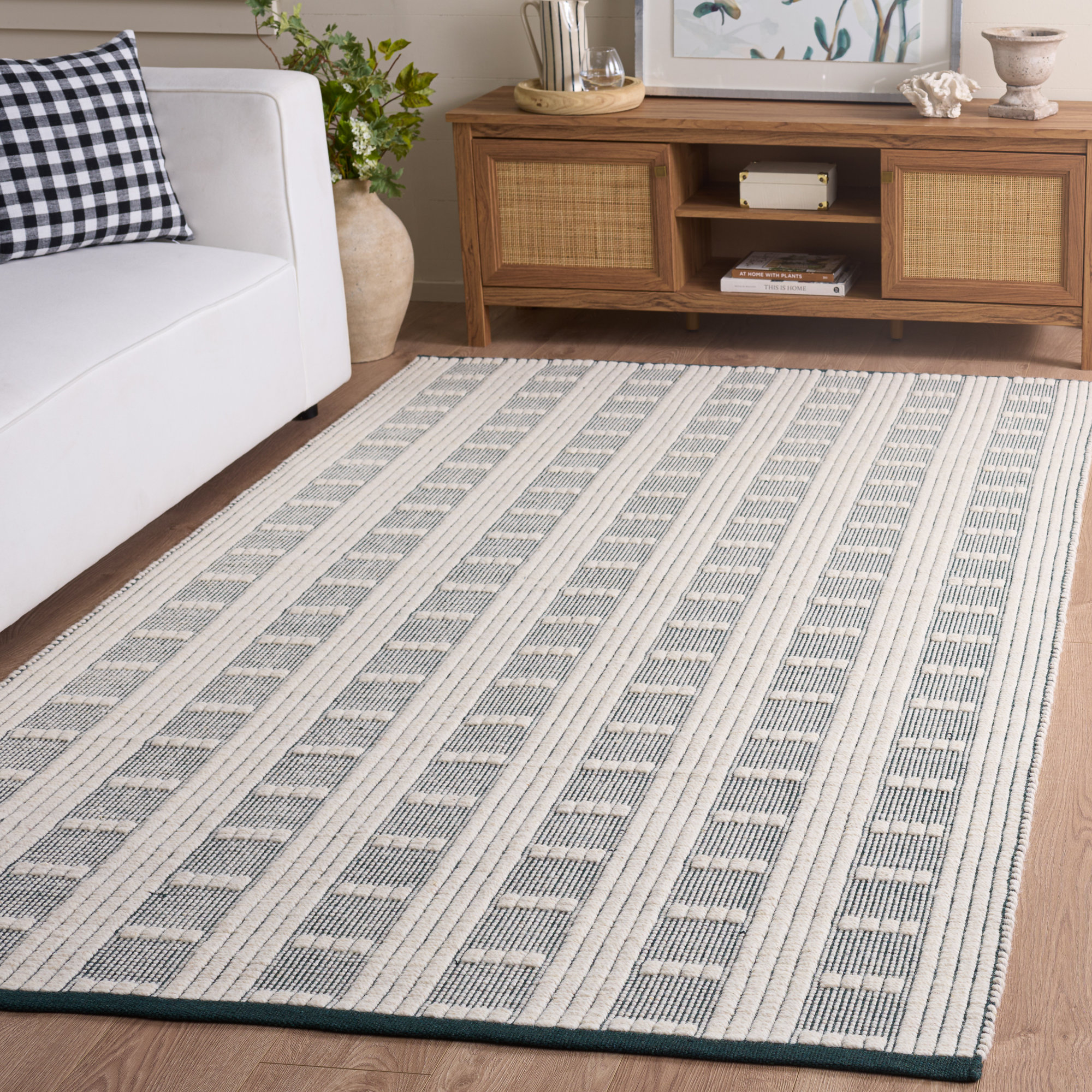Vermont 951 Flatweave Wool/Cotton Geometric Rug in Green/Ivory, Green, Rectangle 6' x 9'