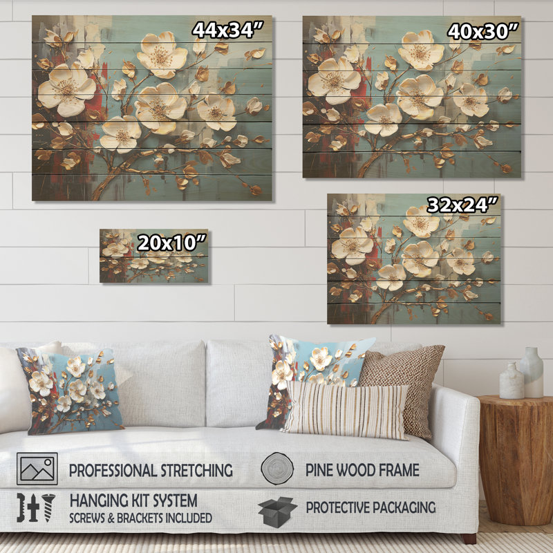Arbre à fleurs de coquelicots blancs et bleus III - Floral abstrait sur bois, H 10 po x l 20 po x P 0,78 po