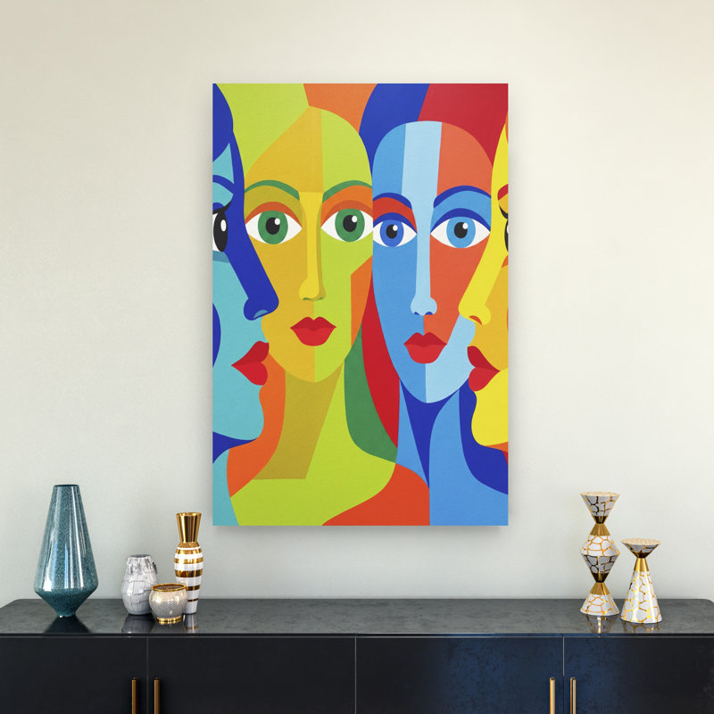 Art mural moderne abstrait aux visages colorés et audacieux, 36" H x 24" W