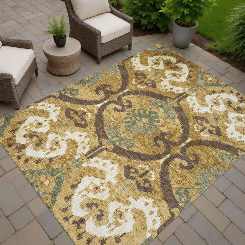 Tapis ikat intérieur / extérieur lavable à la machine Chantille ACN2614, Doré, 9 pi x 12 pi