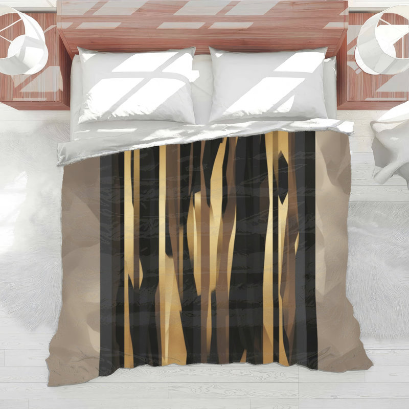 Abstract Green Brown Lines Comforter, King, Dark Black Medium Gold