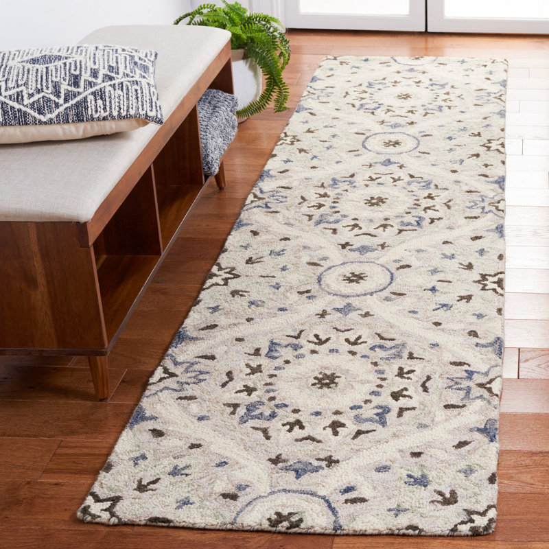 Tapis damassé en laine / coton touffeté à la main en gris / beige, Tapis de couloir 2 pi 3 po x 9 pi