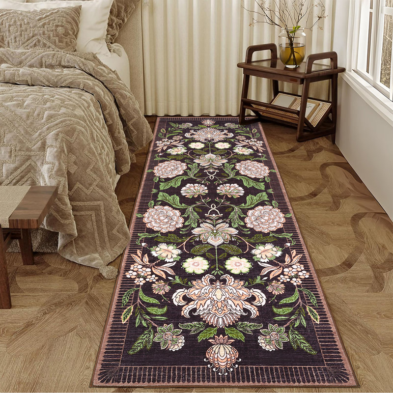 Vintage Boho Rugs Washable Area Rug Low Pile Non Slip Carpet Floral Botanical Accent for Living Room Bedroom Dining Nursery