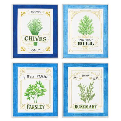 Ensemble de giclées encadrées 4 pièces Kitchen Herb Puns, design par Lara Beeston
