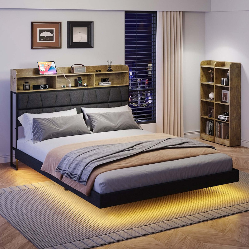 Black+Rustic Floating Queen Bed Frame: LED, Bookcase Storage Headboard
